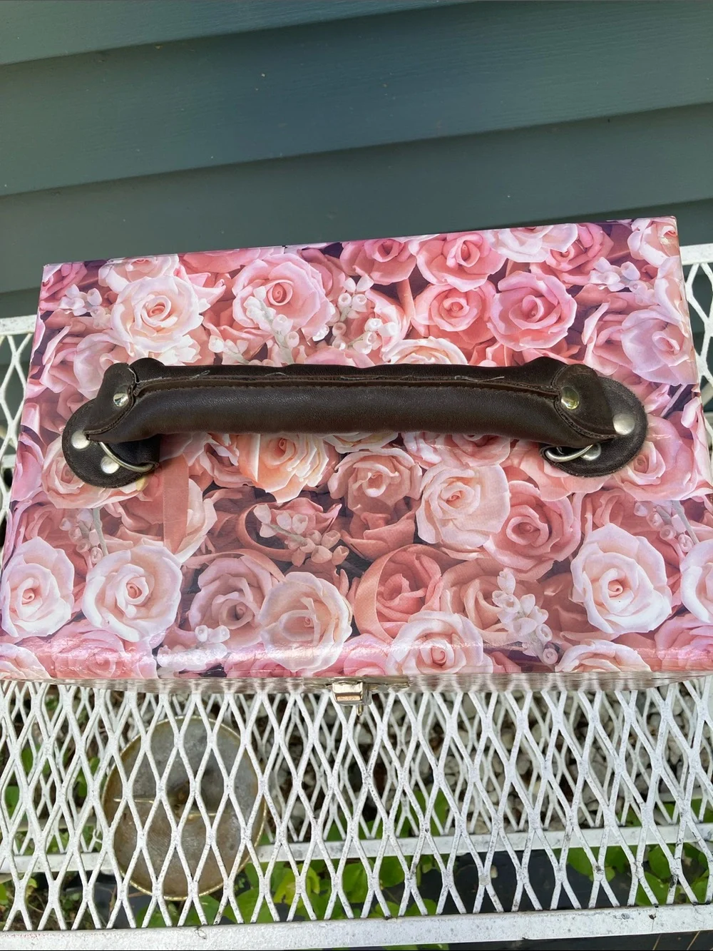 Pink Flowered Laminate Storage Box With Handle & Feet